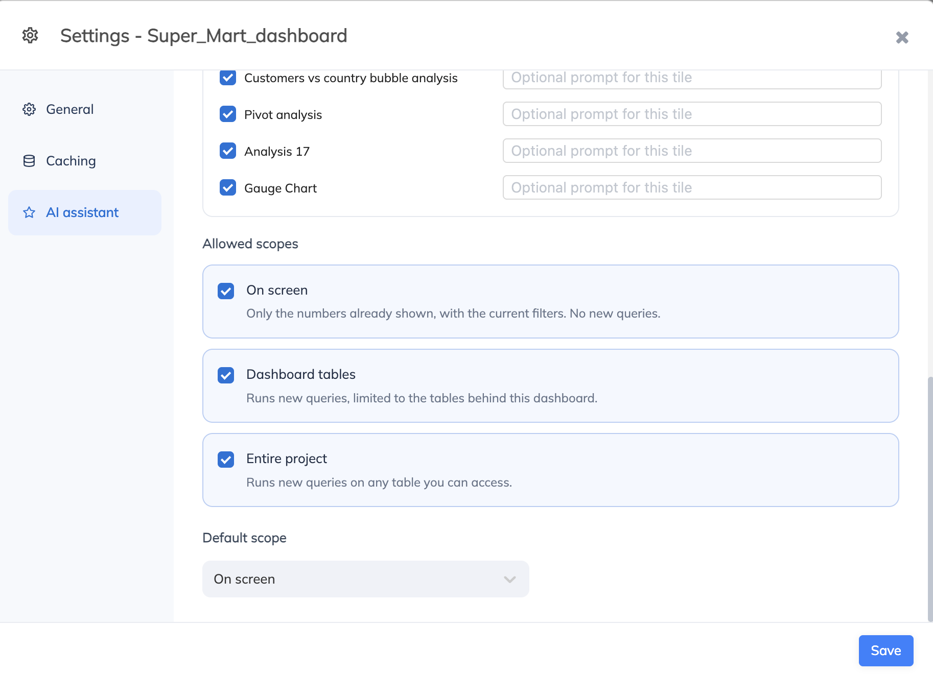 Allowed data scopes and the default scope in AI assistant settings